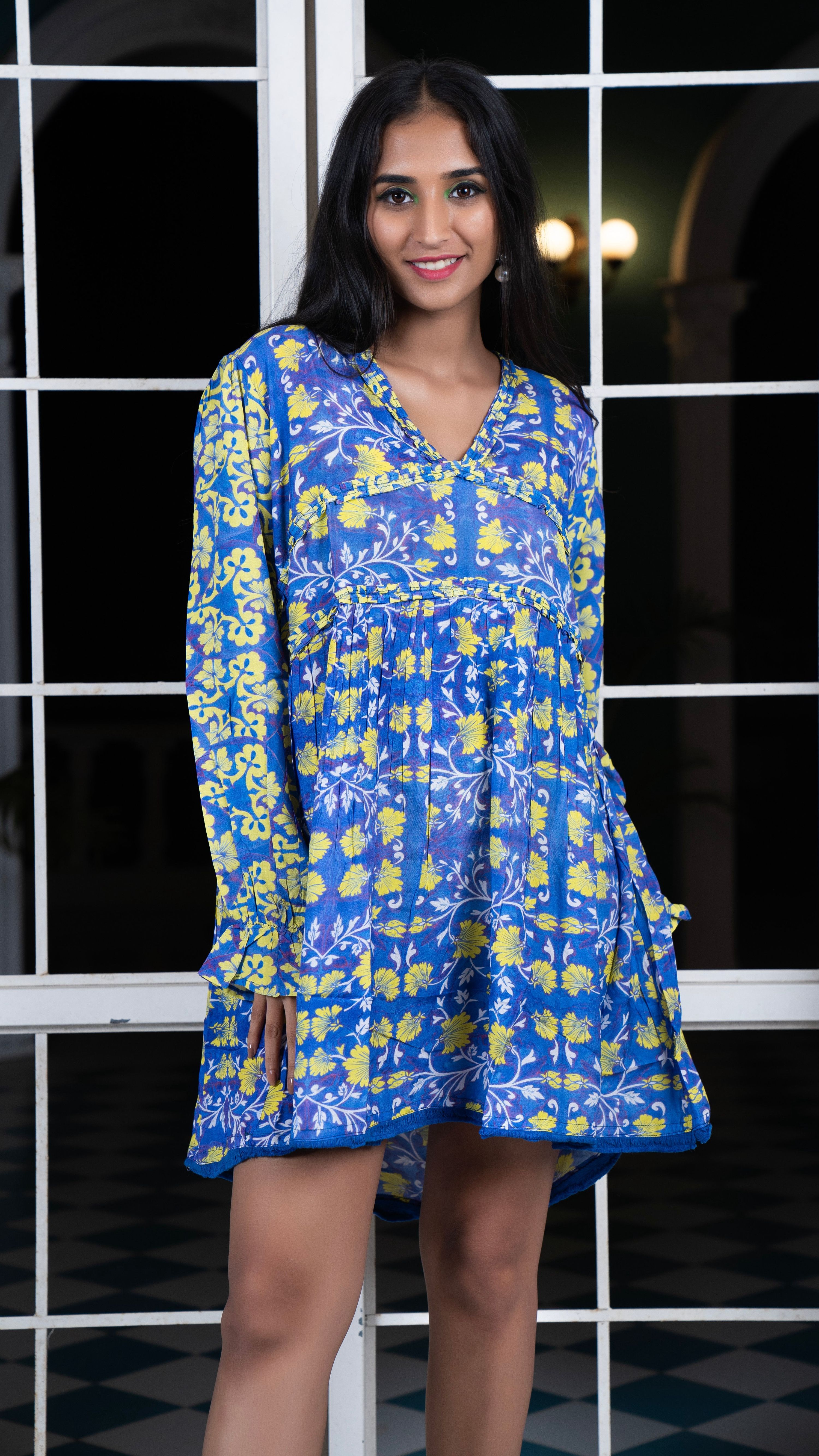 Noroke Cupro Muslin Blue Pottery Tunic Dress | Grocsy