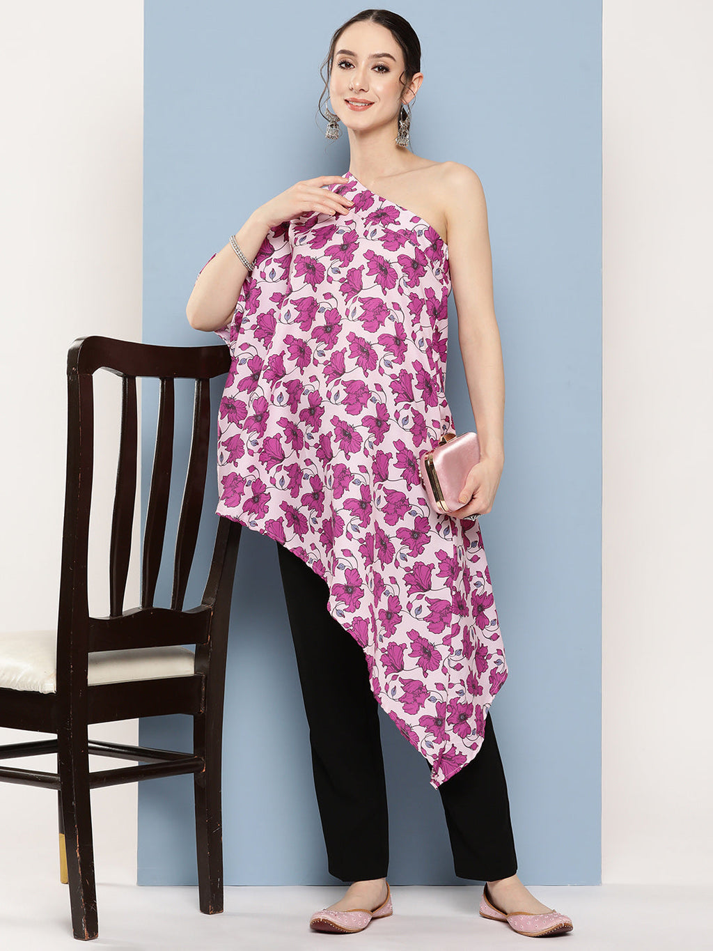 InWeave Women's Pink Fuchsia Japanese Art Oneshoulder Top | Grocsy