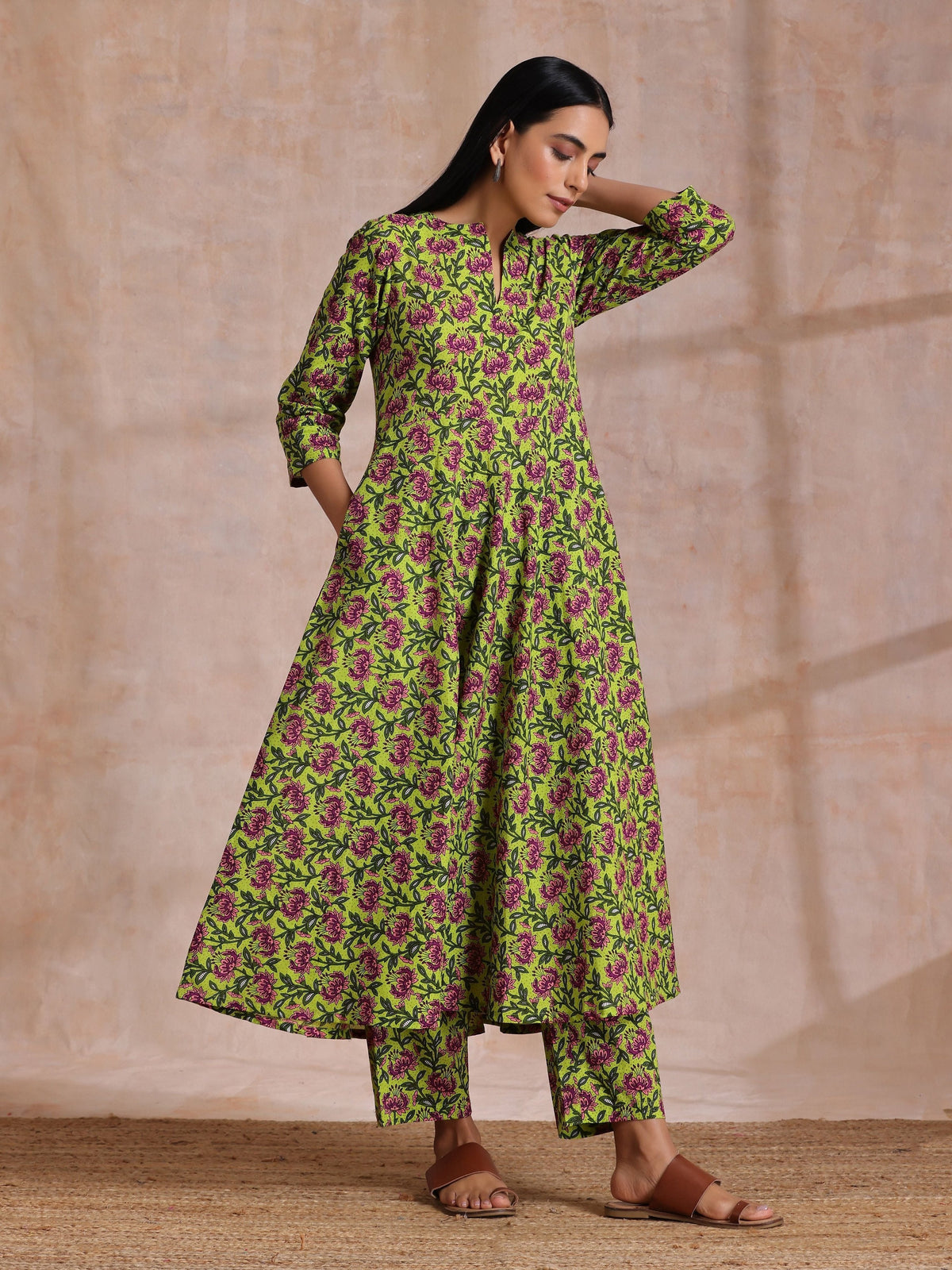 trueBrowns Lime Green Overall Pink Floral Block Print Cotton Flared Kurta Pant Set | Grocsy