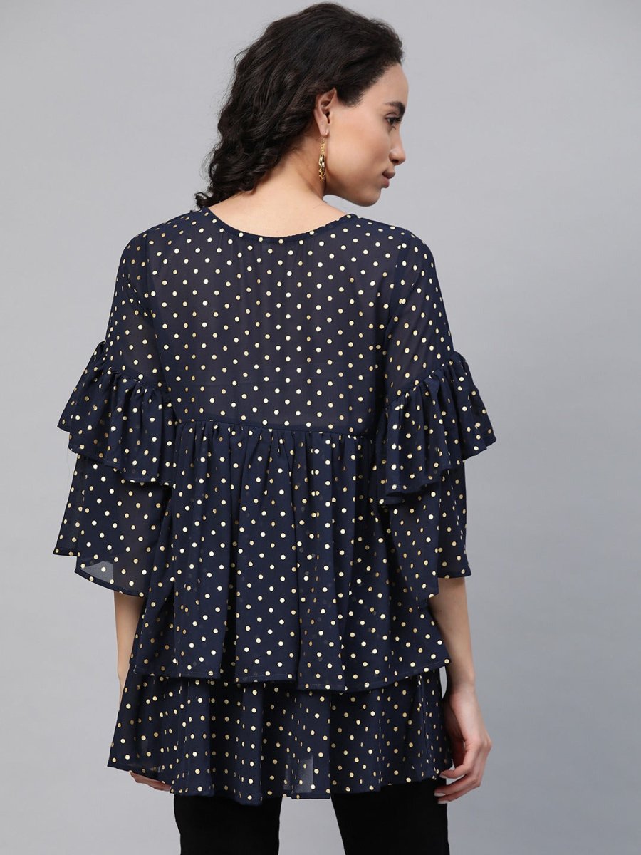 Ahalyaa Women Navy Blue & Golden Polka Dots Print Tiered Beautiful Tunic | Grocsy