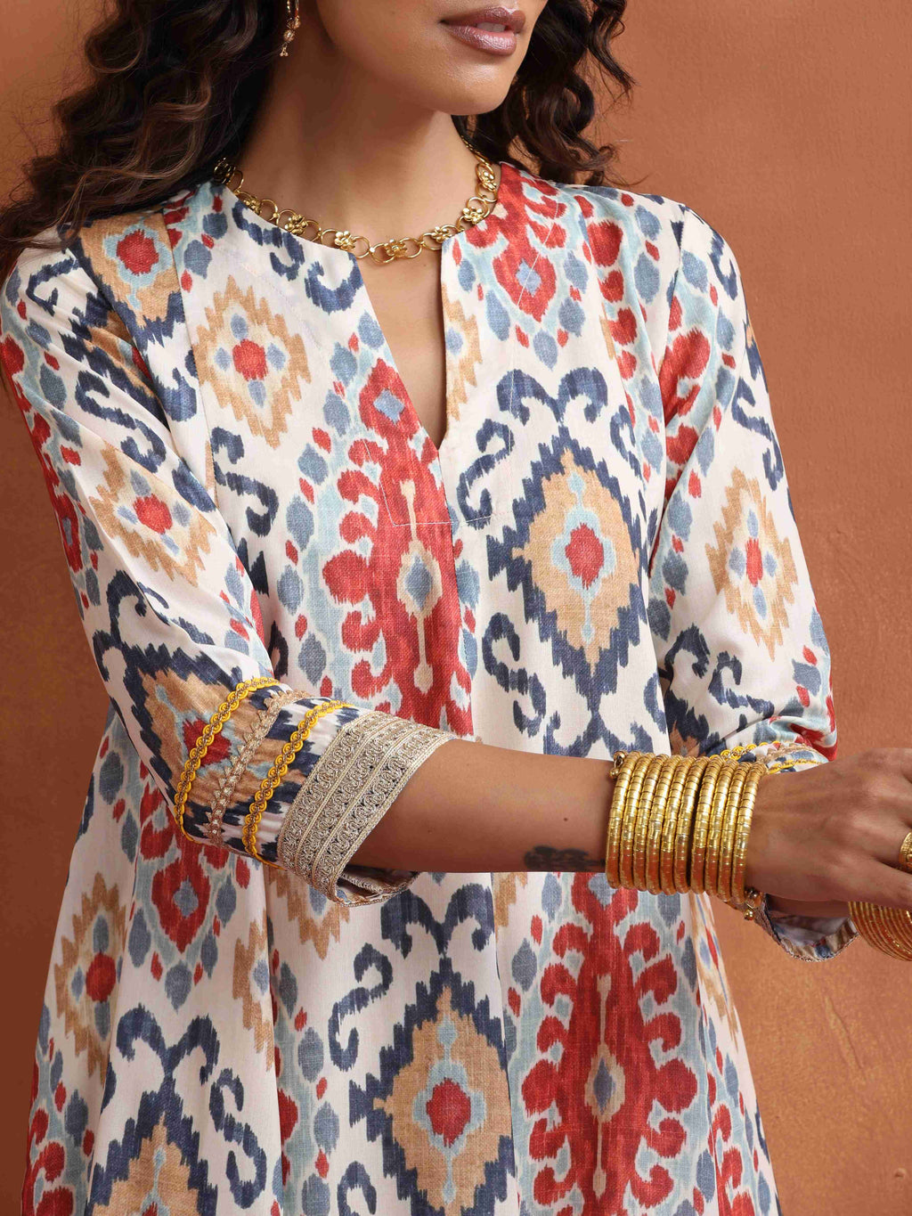 trueBrowns Off White Ikat Print Anarkali Kurta Co-ord Set | Grocsy