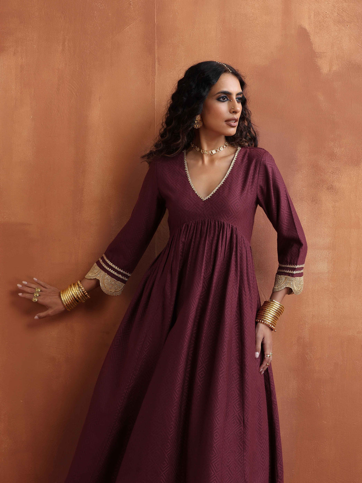 trueBrowns Maroon Flared Anarkali Kurta Set | Grocsy