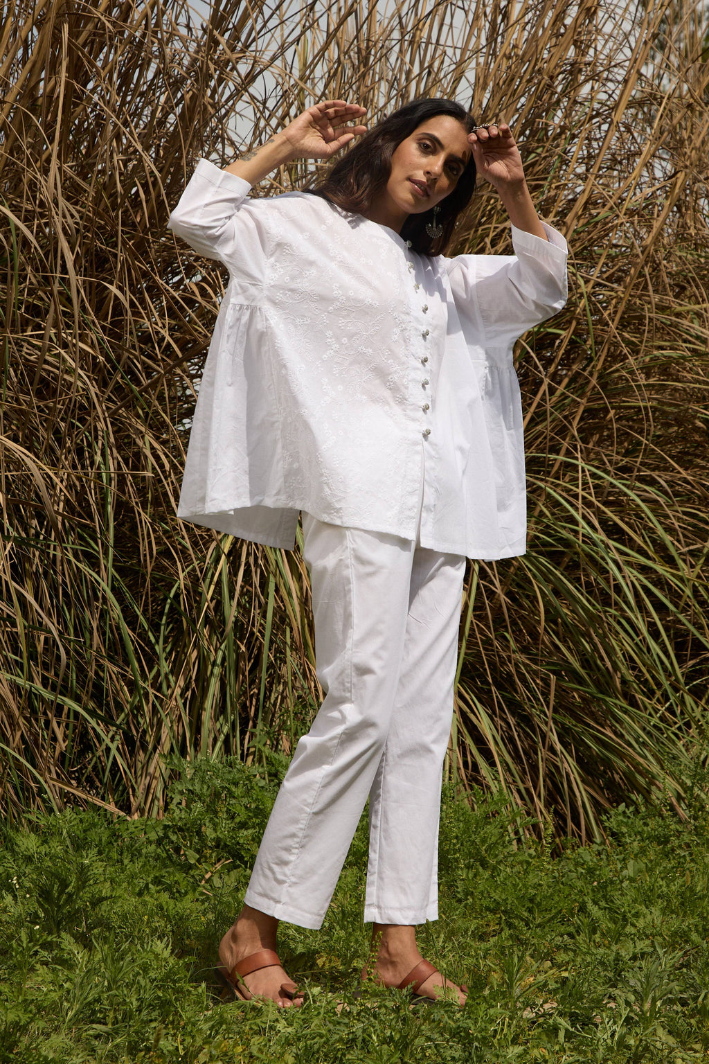 trueBrowns White Cotton Embroidered Relaxed Co-ord Set | Grocsy