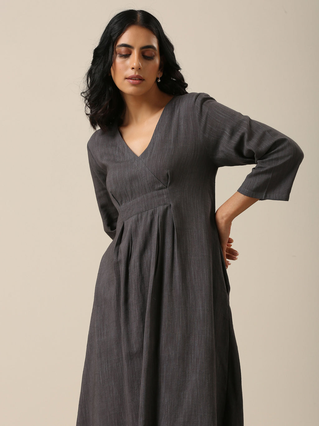 trueBrowns Slate Grey Slub Texture Overlap Pleat Kurta Pant Set | Grocsy