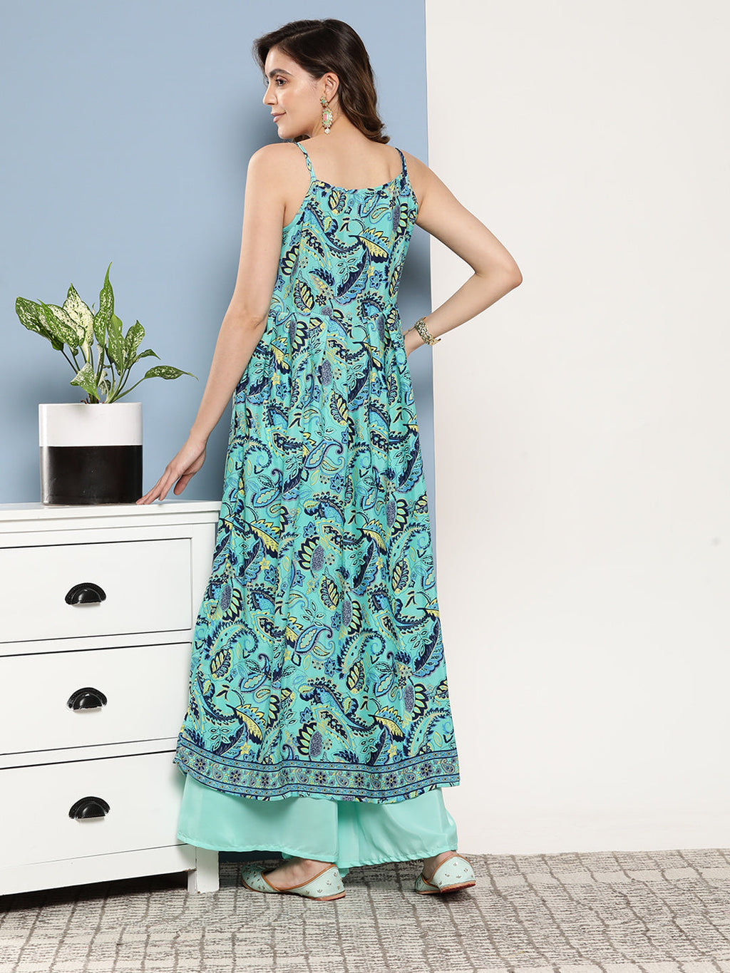 InWeave Women's Camelia Blue Pastel Print Strappy Kurta Set | Grocsy