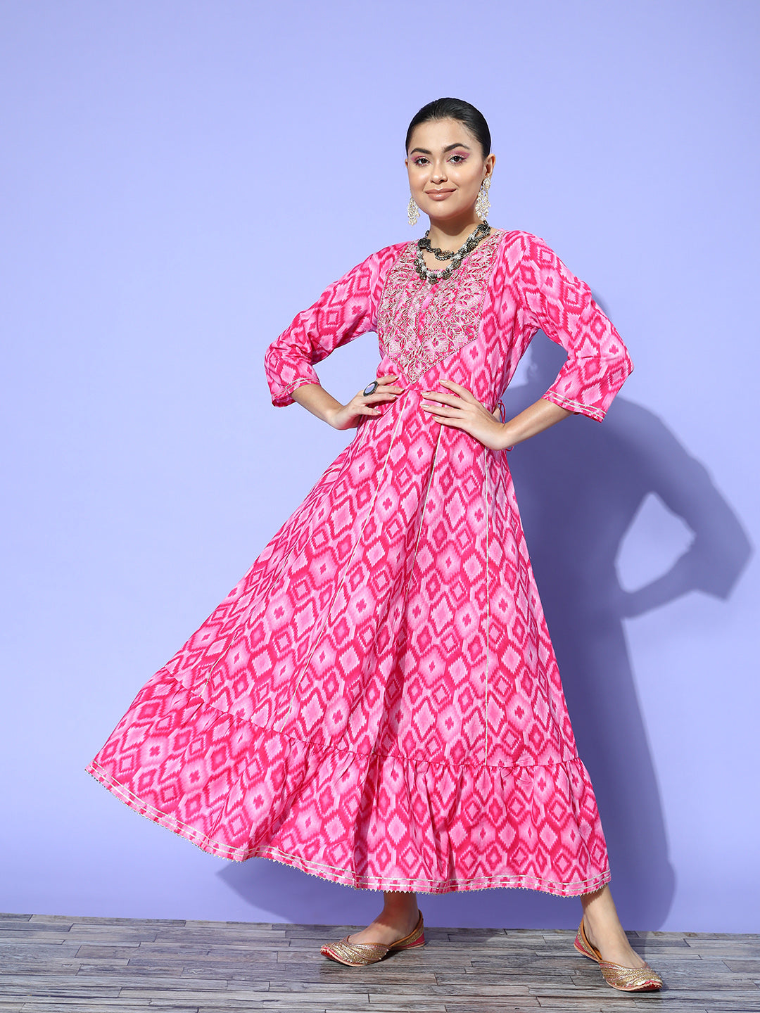 InWeave Women's Abstract Pink Print Long Dress With Work | Grocsy