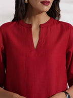 trueBrowns Maroon Slub Highslit Kurta Set | Grocsy
