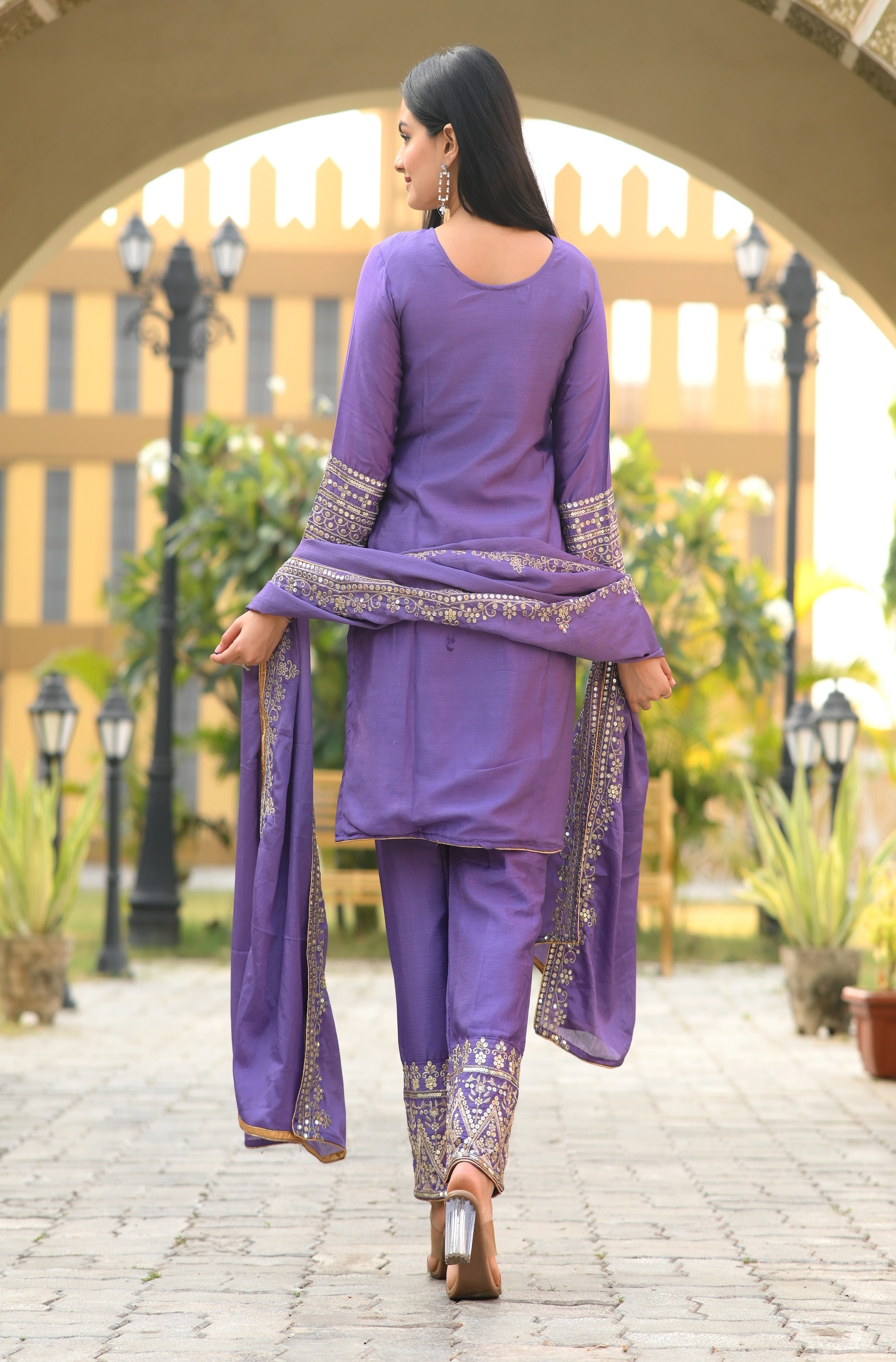 Teeya Creation Lavender Color Chinon Silk Heavy Embroidery Work Fully Stitched Salwar Suit | Grocsy
