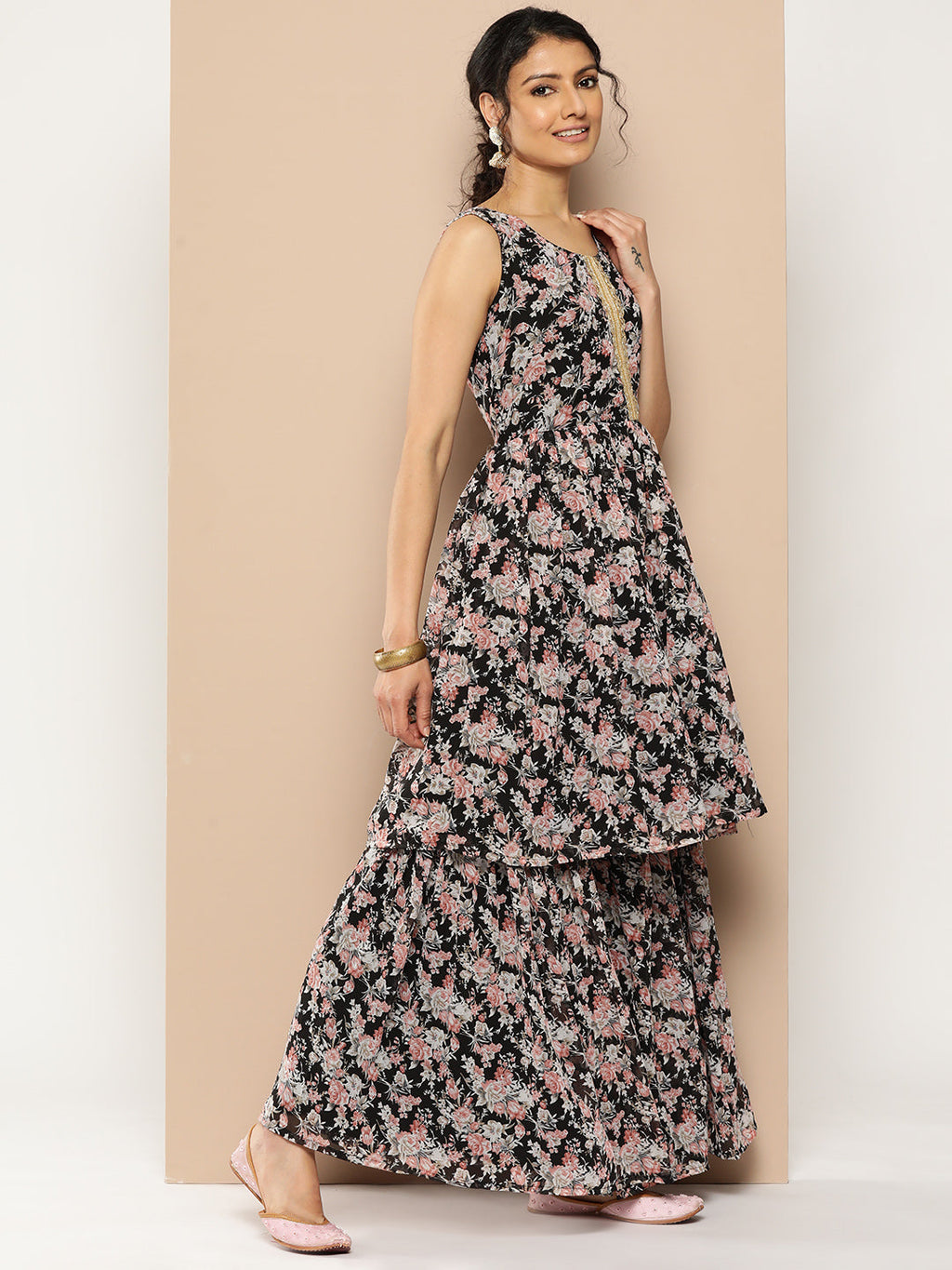 KSUT (House of Varanga) Black Printed Anarkali Kurta Paired With Sharara And Plain Tonal Dupatta | Grocsy