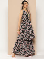 KSUT (House of Varanga) Black Printed Anarkali Kurta Paired With Sharara And Plain Tonal Dupatta | Grocsy
