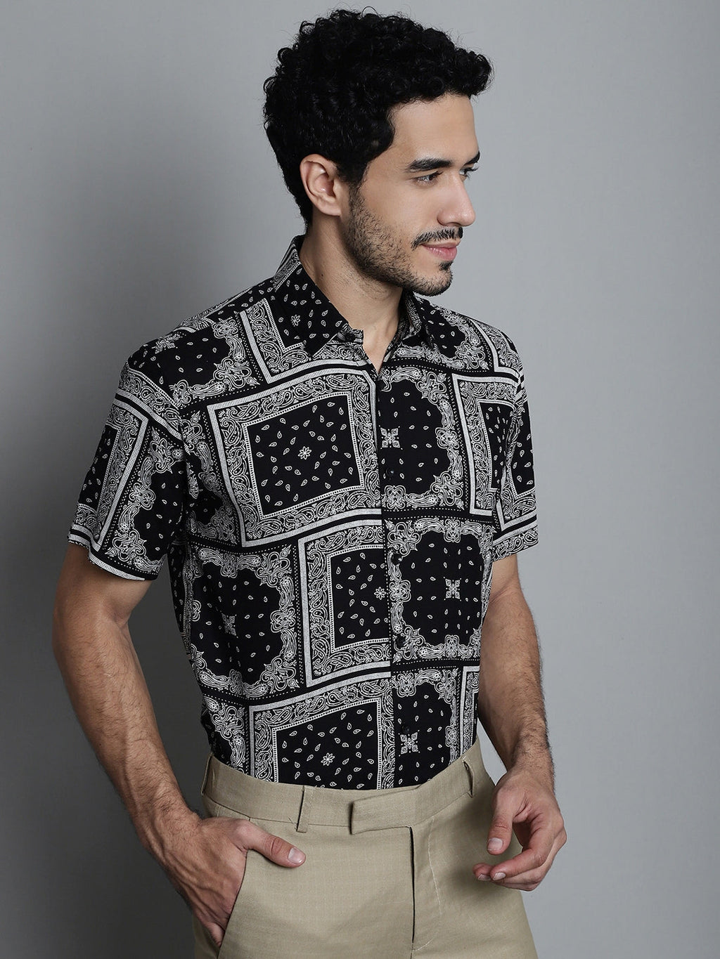 Jainish Men's Paisley Printed Formal Shirts - Black | Grocsy