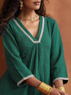 trueBrowns Green Cotton A-line Kurta Set | Grocsy