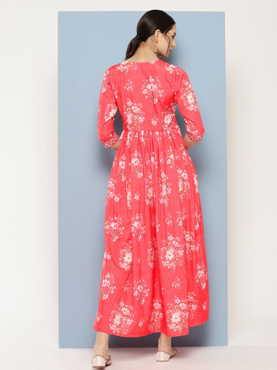Ahalyaa Floral Printed Pleated Maxi Empire Ethnic Dress | Grocsy