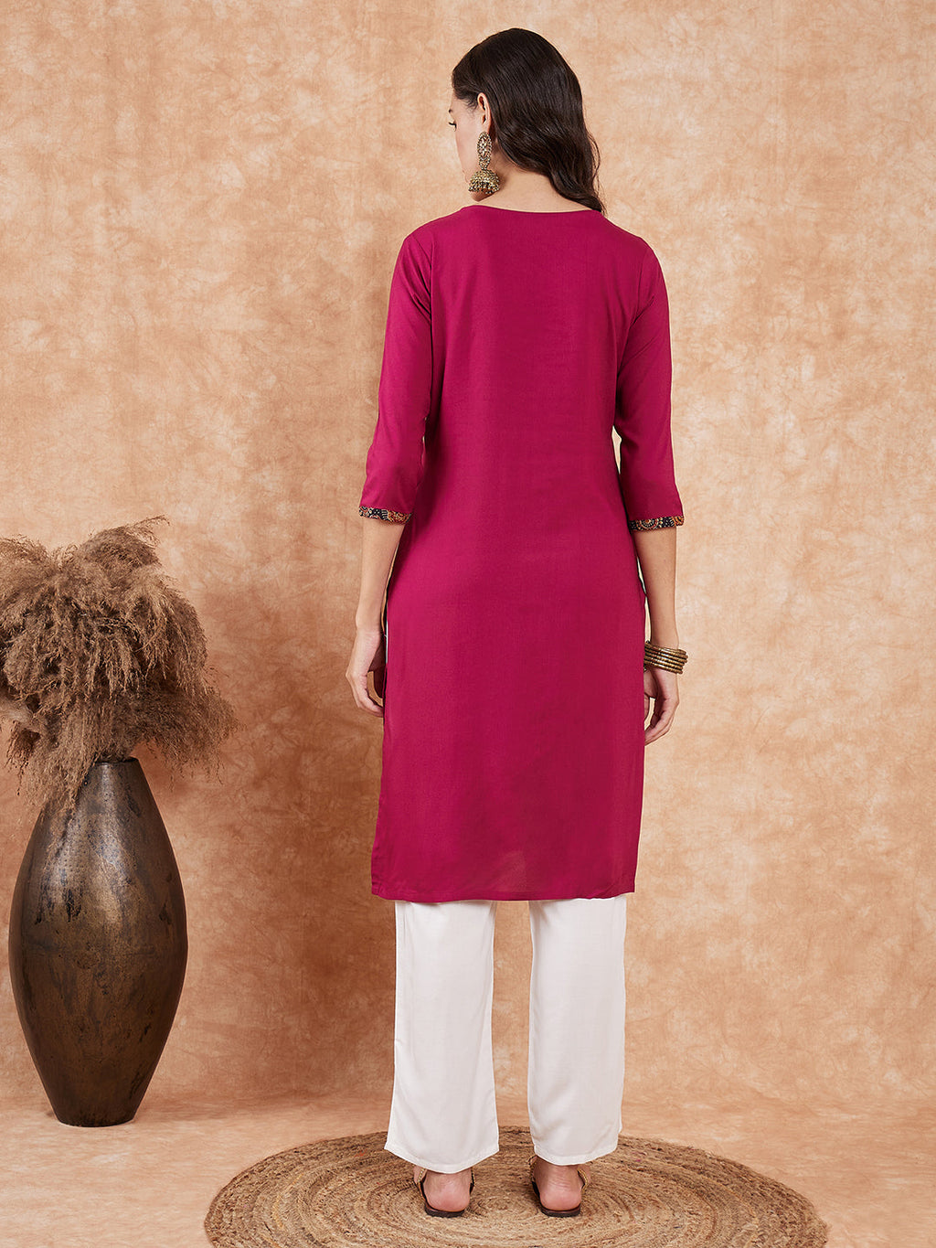 InWeave Women's Wine Printed Neck Patch Work Straight Kurta | Grocsy