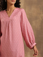 trueBrowns Light Mauve Bandhani Printed Silk Kurta Pant Set | Grocsy