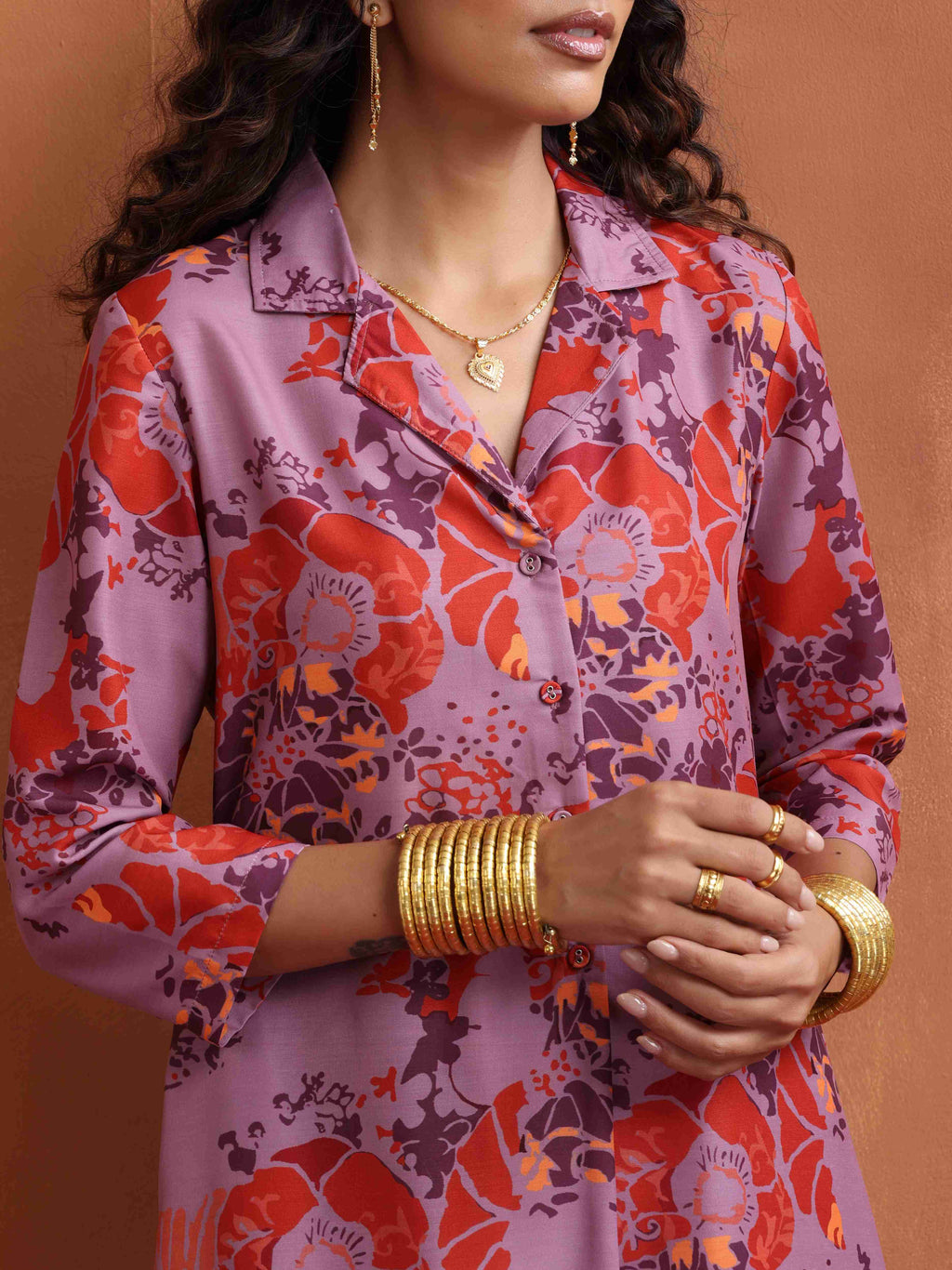 trueBrowns Purple Print Shirt Kurta Set | Grocsy