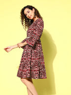 InWeave Women's Wine Pink Ikkat Print Short Dress | Grocsy