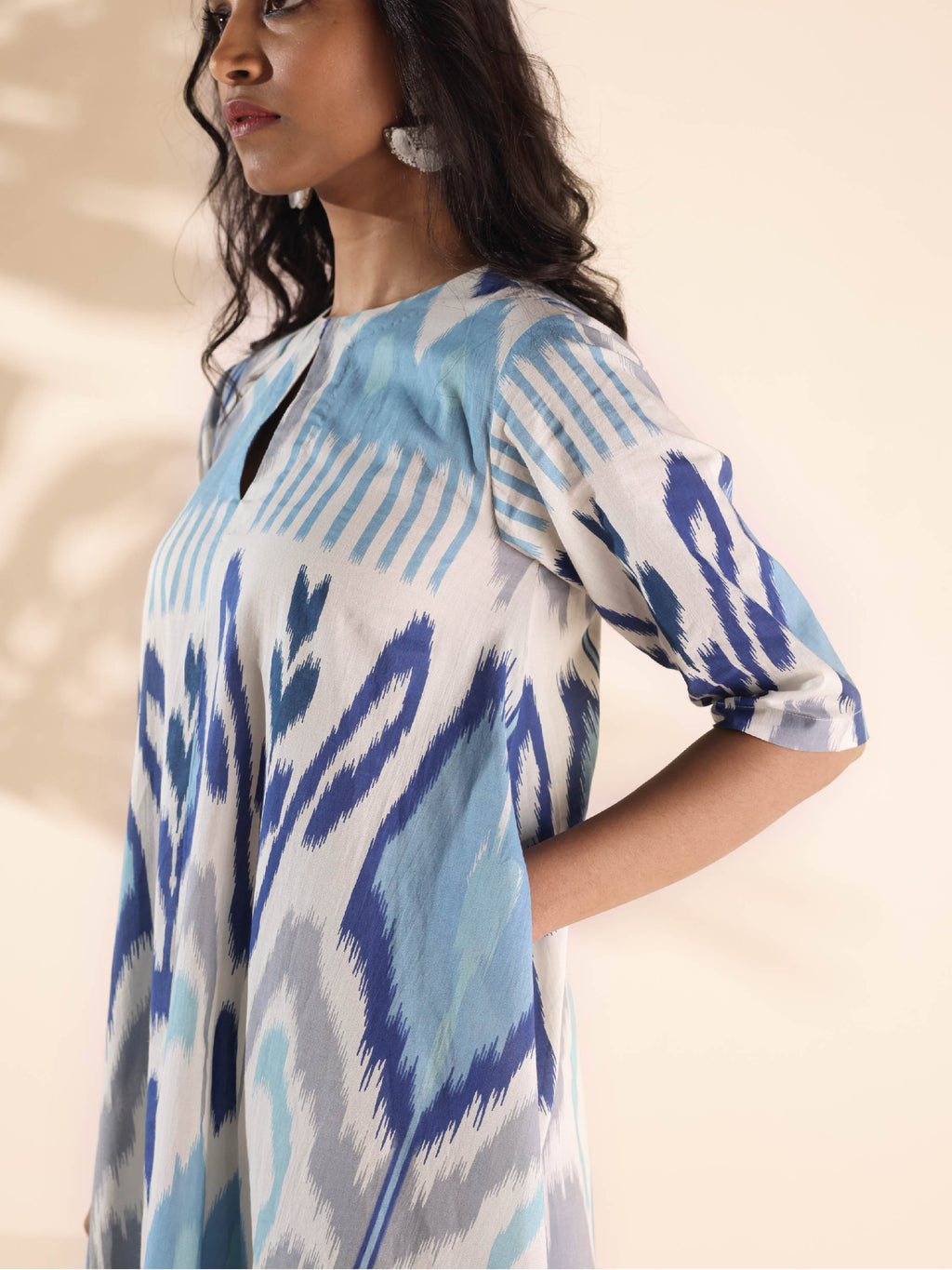trueBrowns Blue Cotton Ikat Flared Kurta Pant Set | Grocsy