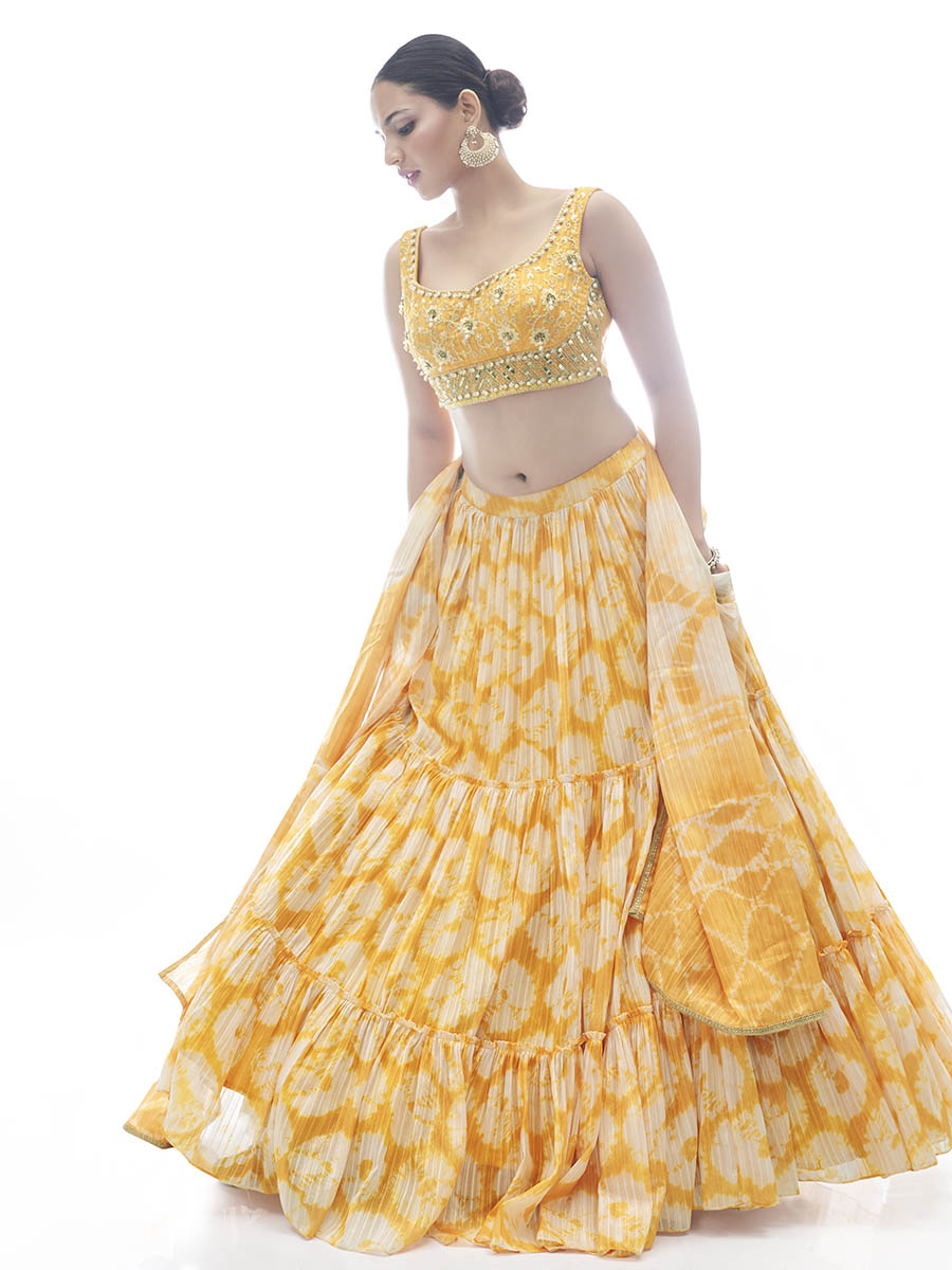 Myra Yellow Jaquard Embroidered Designer Lehenga | Grocsy