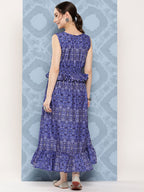 InWeave Women's Blue Floral Paisley Print Long Frill Dress | Grocsy
