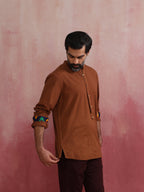 trueBrowns Men's Brown Cotton Mandarin Collar Stylized Kurta | Grocsy