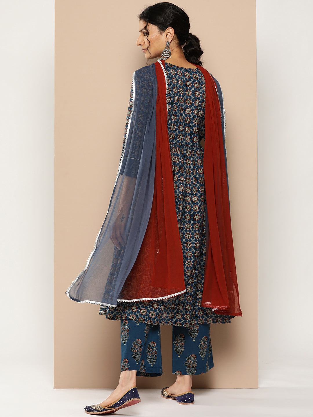KSUT (House of Varanga) Blue And Rust Yoke Style Anarkali Paired With Printed Palazzo And Ombre Dupatta | Grocsy