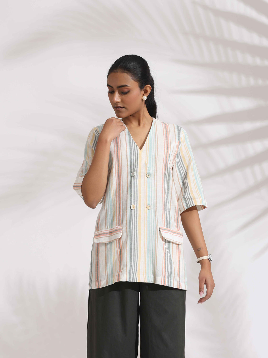 trueBrowns Off-White Cotton Stripe Jacket Top Co-ord Set | Grocsy