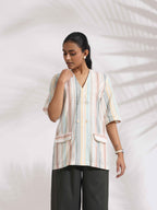 trueBrowns Off-White Cotton Stripe Jacket Top Co-ord Set | Grocsy