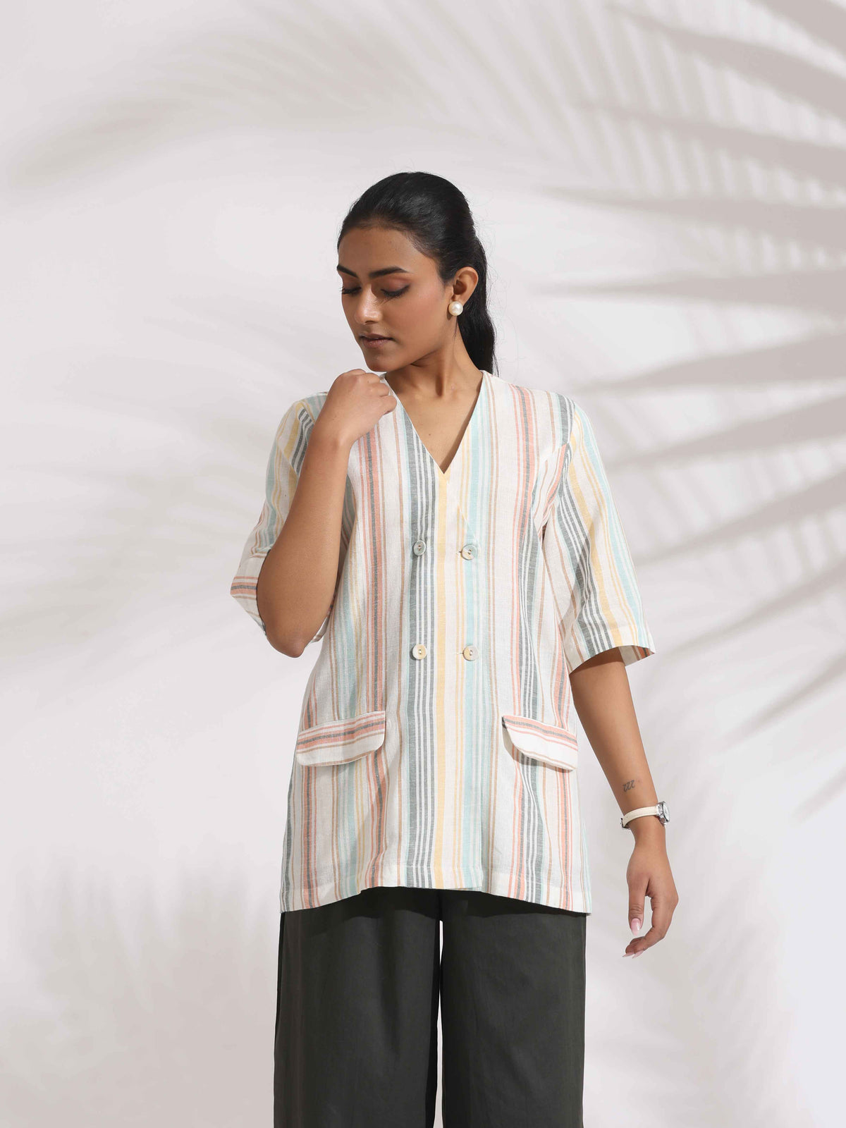 trueBrowns Off-White Cotton Stripe Jacket Top Co-ord Set | Grocsy