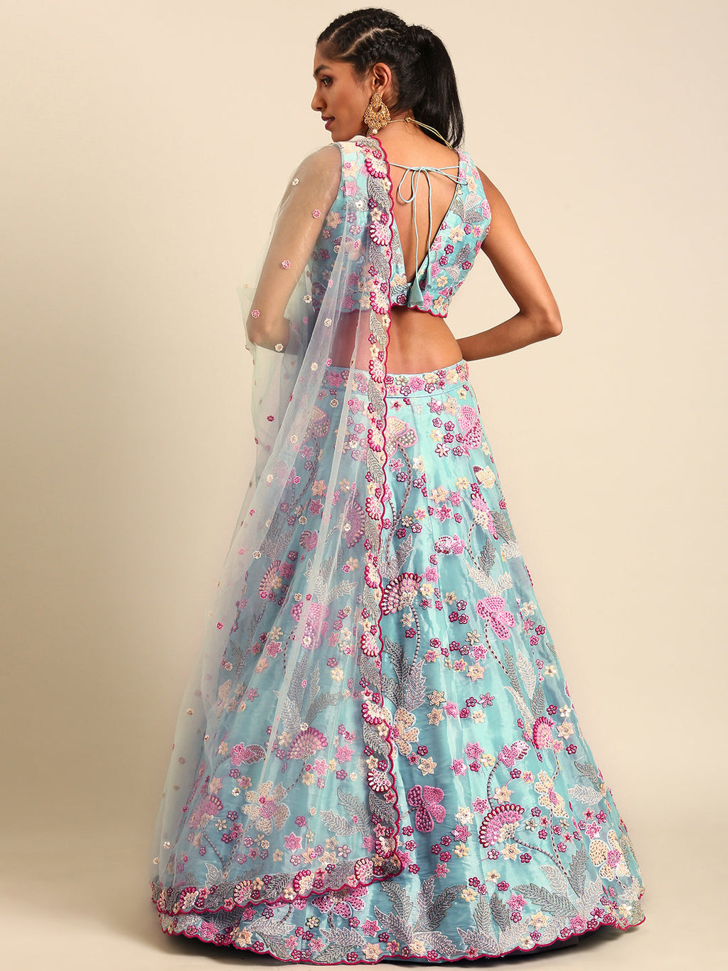 House of Panchhi Turquoise Blue Organza Sequins And Zarkan Embroidery Lehenga Choli & Dupatta | Grocsy