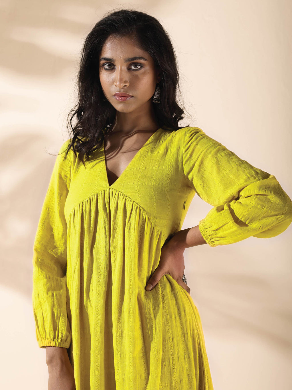 trueBrowns Lime Cotton Dobby Flared Dress | Grocsy