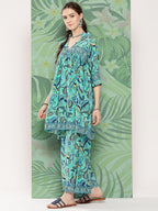 InWeave Women's Turquoise Blue Camelia Printed Ethnic Kurta Set | Grocsy