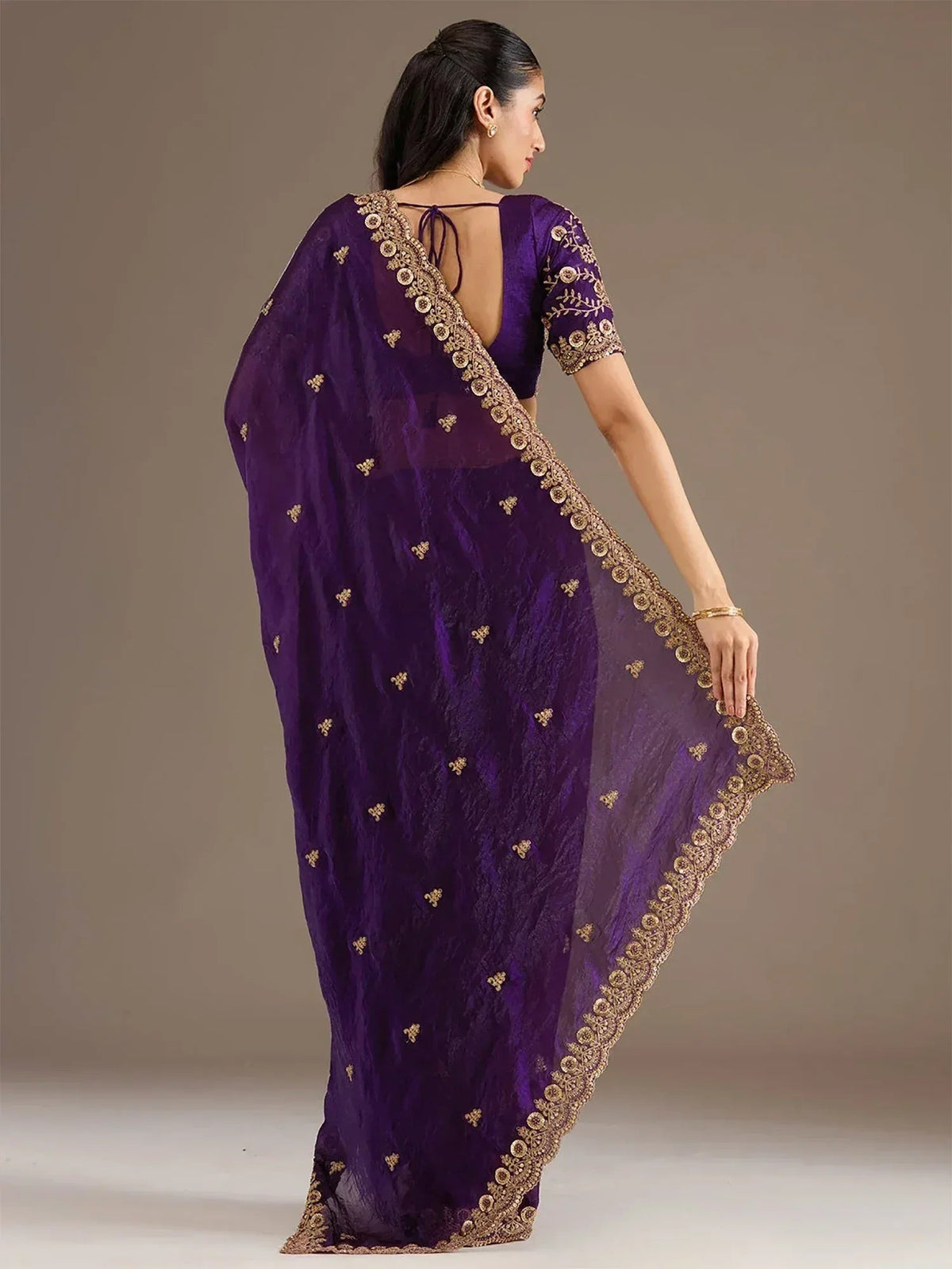 Tulsi Art Beautiful Purple Zari Embroidered Silk Party Wear Saree With Blouse | Grocsy