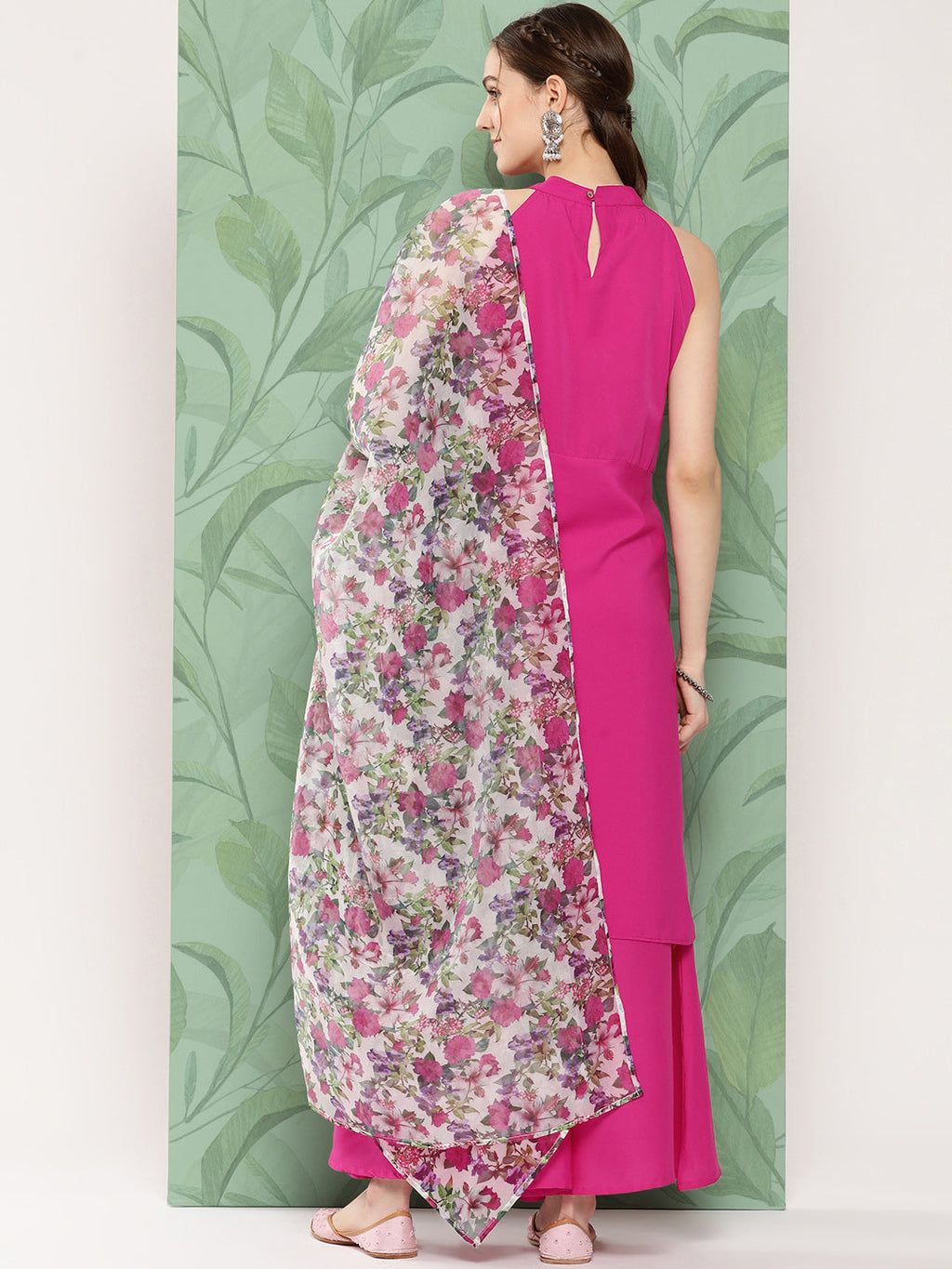 InWeave Women's Magenta Pleated Halter Kurta Palazzo Set W White Pink Or Dupatta | Grocsy