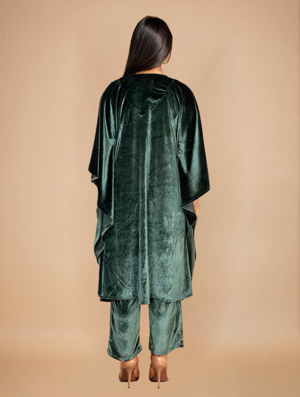 trueBrowns Olive Green Velvet Embroidered Kaftan Kurta Set | Grocsy