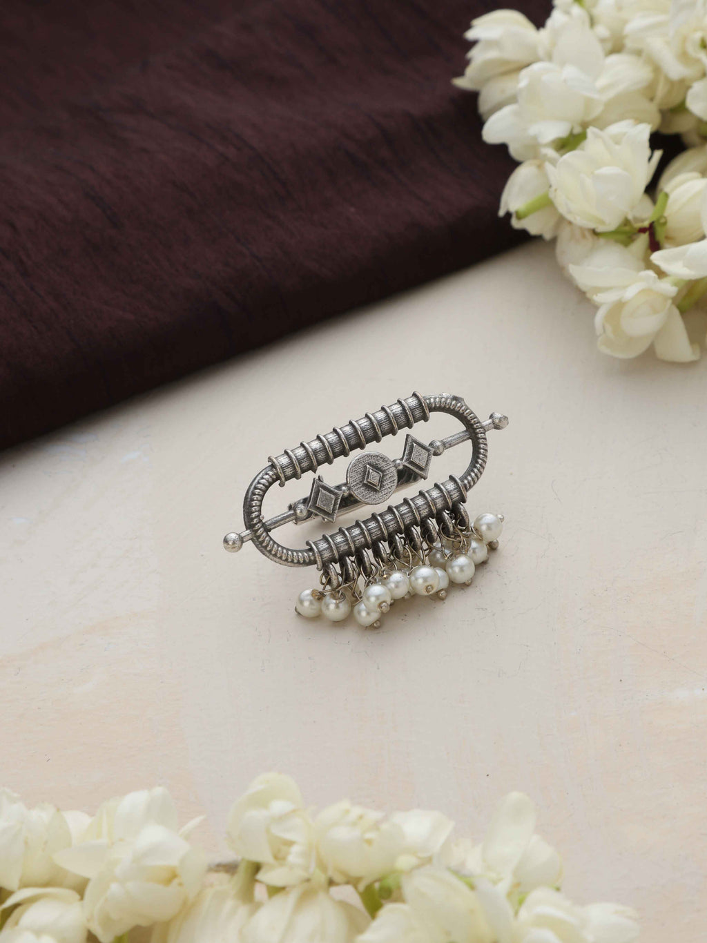 trueBrowns Silver Tone Pearl Drop Ring | Grocsy