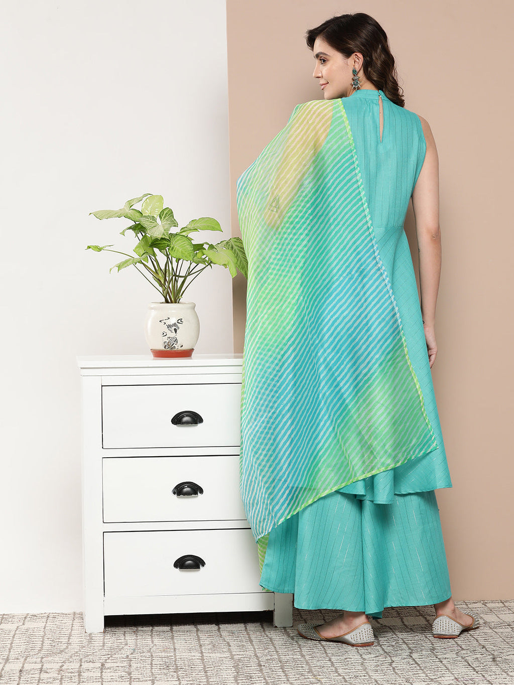 InWeave Women's Teal Lurex Boho Kurta Set With Aqua Leh Organza Dupatta | Grocsy