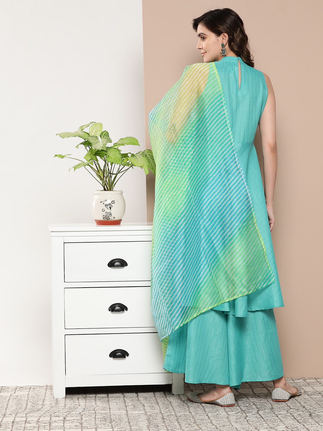 InWeave Women's Teal Lurex Boho Kurta Set With Aqua Leh Organza Dupatta | Grocsy