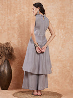 InWeave Light Grey Lurex Halter Neck W/S Kurta Palazzo Set | Grocsy