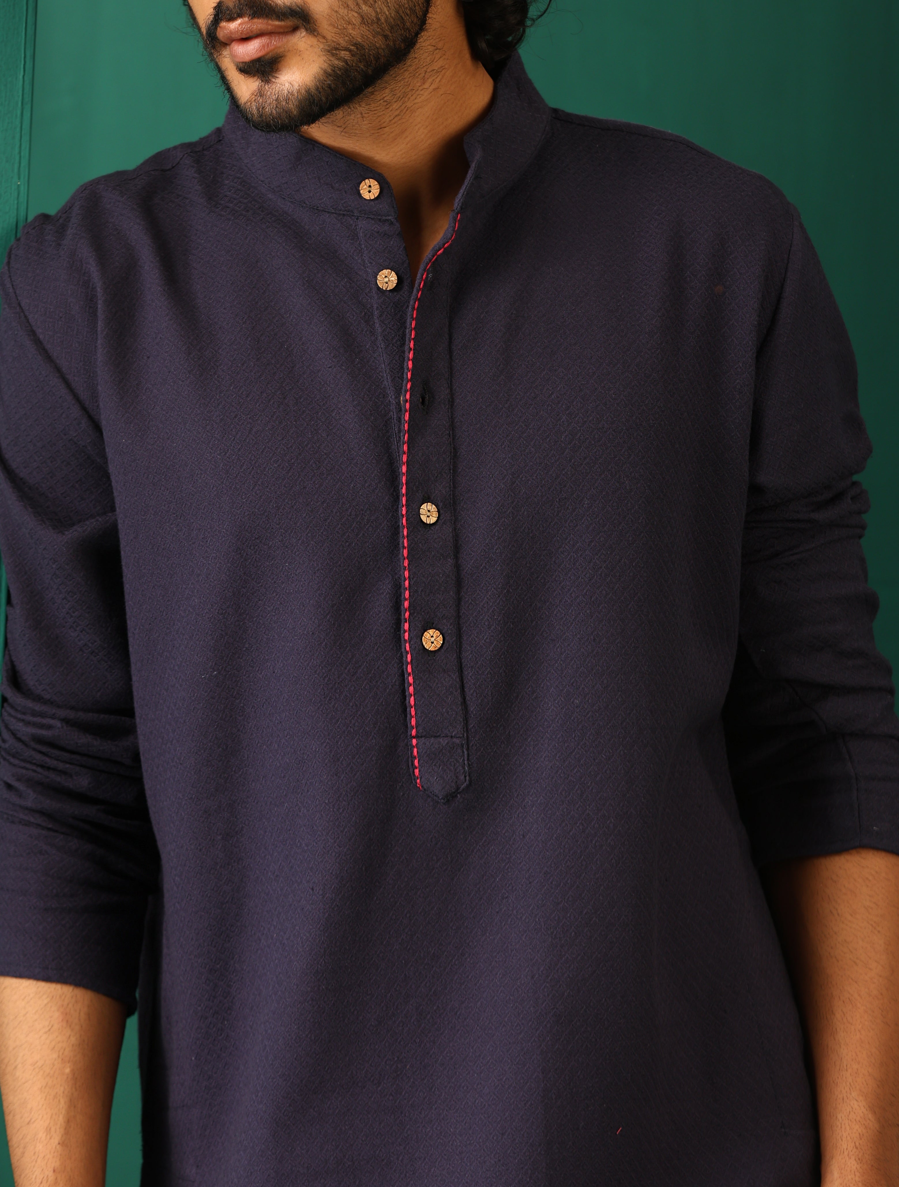 trueBrowns Men's Navy Dobby Textured Kurta | Grocsy
