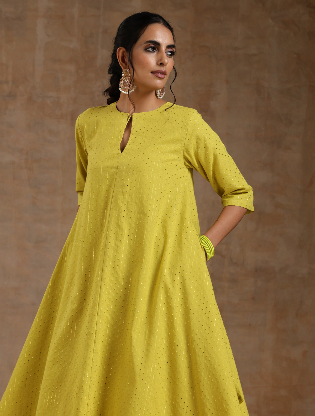 trueBrowns Lime Gold Cotton Handkerchief Kurta Set | Relove | Grocsy