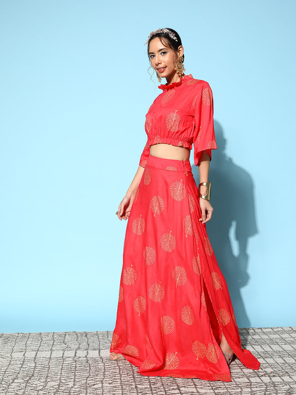 InWeave Women's Red Gold Printed Crop Top With Side Slit Skirt | Grocsy