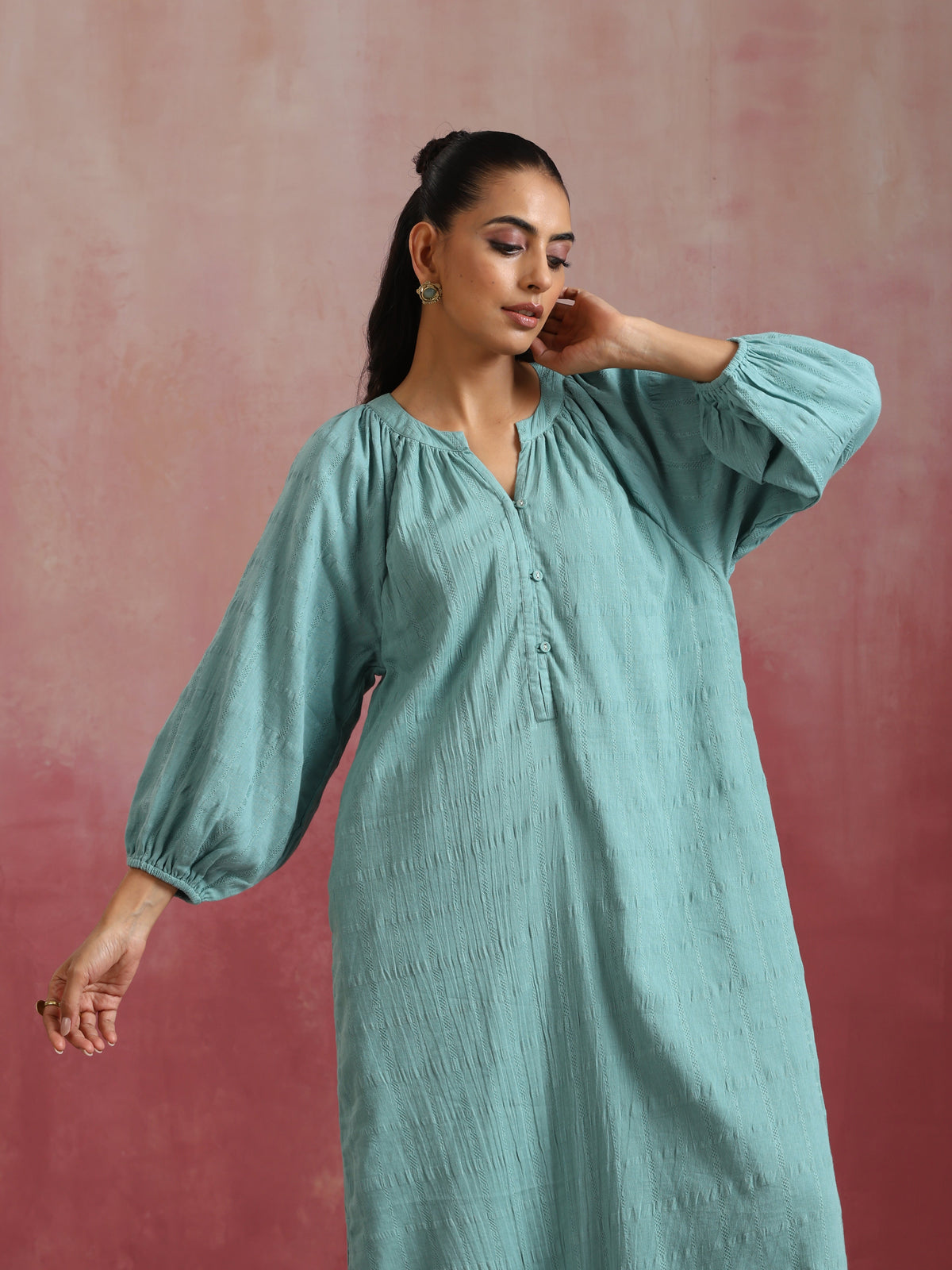 trueBrowns Aqua Blue Cotton Dobby Dress | Grocsy