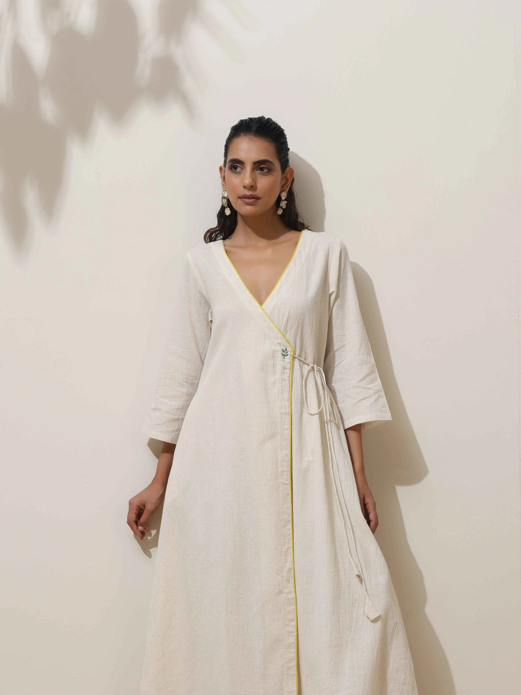 trueBrowns Off White Cotton Linen Angrakha Kurta Pant Set | Grocsy