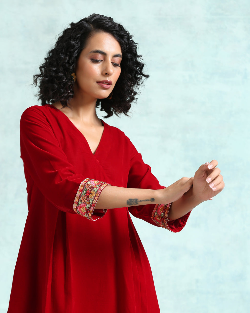 trueBrowns True Red Velvet Yoke Kurta | Grocsy