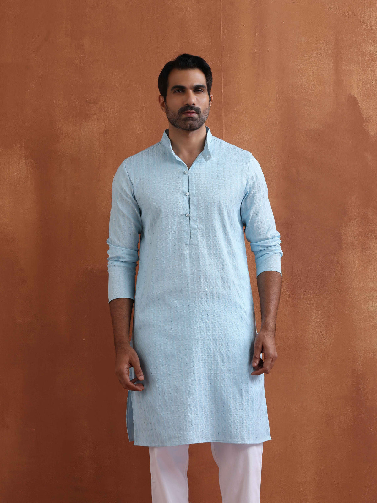 trueBrowns Men's Blue Sequin Chanderi Kurta | Grocsy