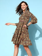 InWeave Women's Brown Kalamkari Print Short Dress | Grocsy