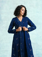 trueBrowns Blue Embroidered Velvet Overlay Jacket | Grocsy