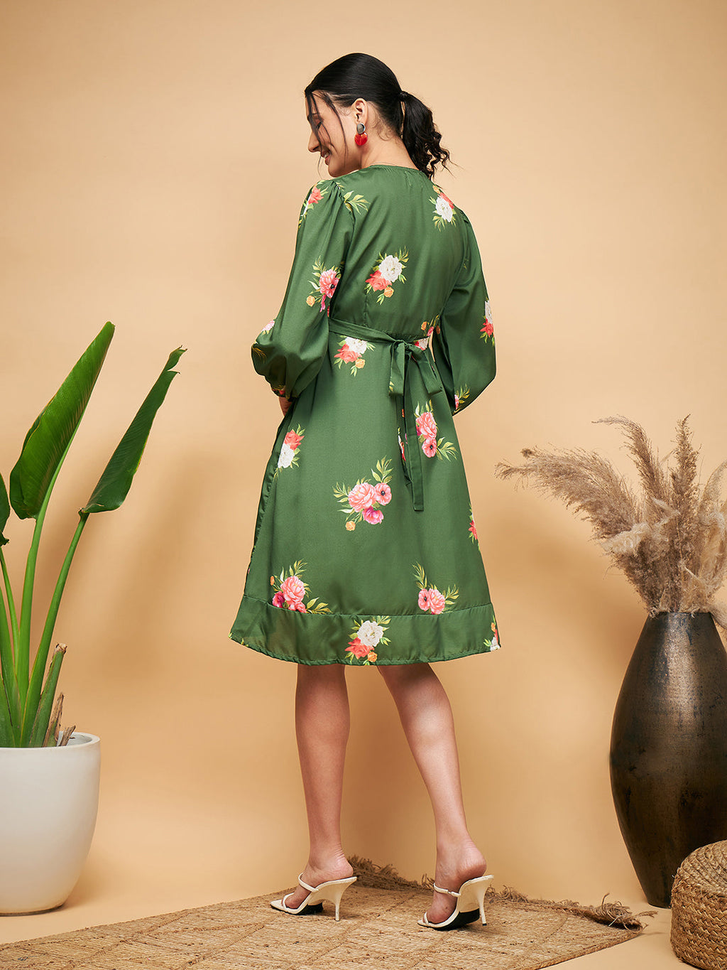 InWeave Women's Green Small Flower Belted Dress | Grocsy