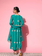 InWeave Women's Teal Nyra Cut Embroidered Kurta Set With Dupatta | Grocsy